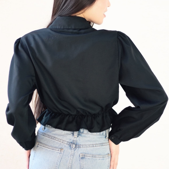 SOLD - Vintage 1970s Modernizes Victorian Black Button Down Crop blouse - Picture 2 of 5